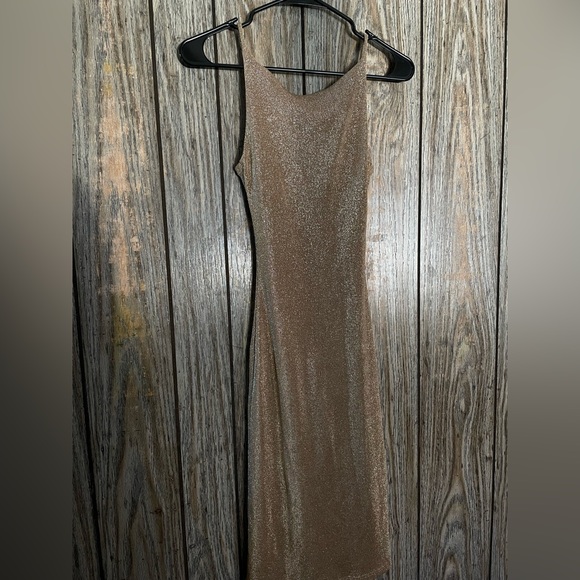 Vintage Dresses & Skirts - Womens Glitter Gold Champagne Spaghetti Strap Sleeveless Midi Tank Dress